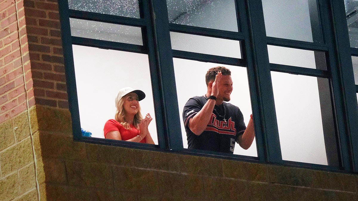 Patrick Mahomes and his wife Brittany cheer as Texas Tech takes control of the game in Game 2 of the Women's College World Series championship series between the Texas Longhorns at Texas Tech Red Raiders at Devon Park in Oklahoma City, Thursday, June 5, 2025. Texas Tech won 4-3.