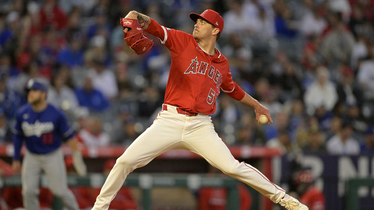 Los Angeles Angels relief pitcher Garrett McDaniels (57) delivers to the plate against the Los Angeles Dodgers