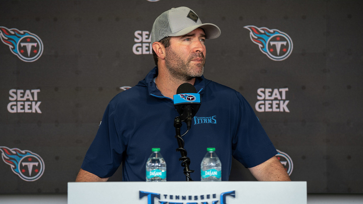 Tennessee Titans head coach Brian Callahan speaks before minicamp practice at Ascension Saint Thomas Sports Park in Nashville, Tennessee.