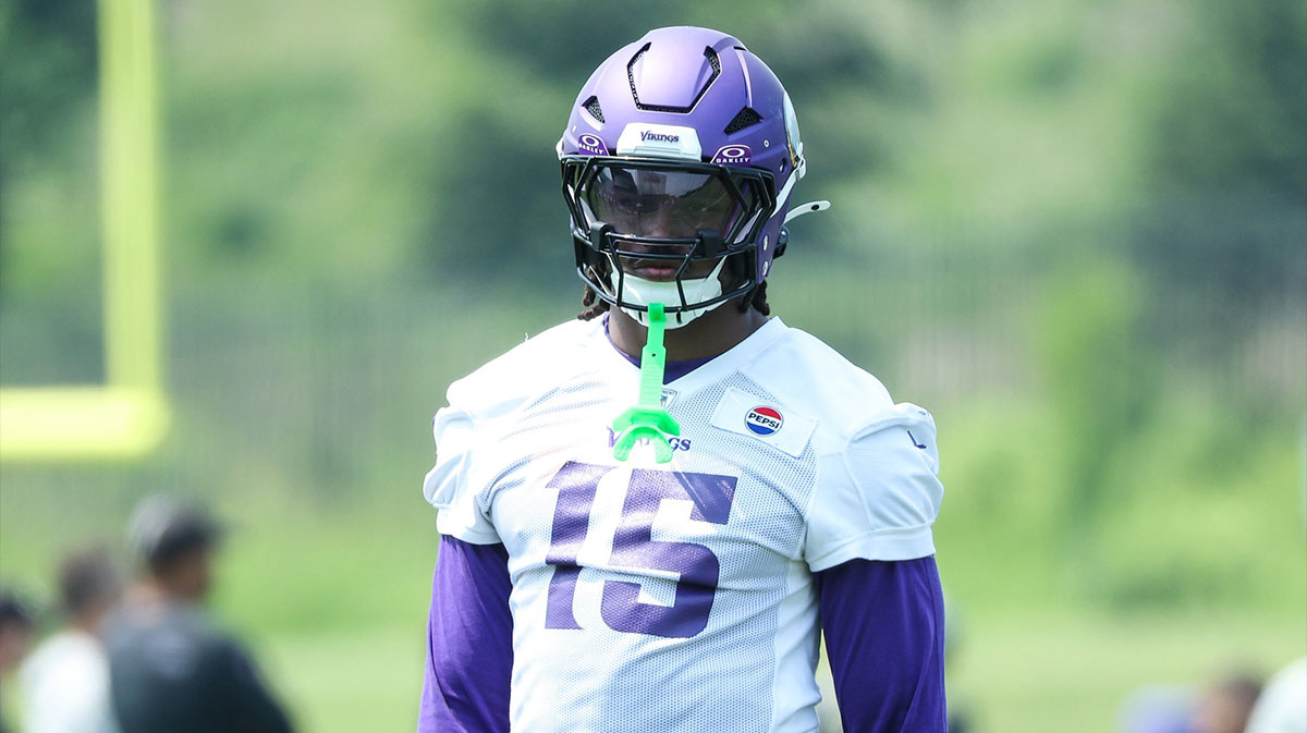 Minnesota Vikings linebacker Dallas Turner (15) looks on during minicamp at the Minnesota Vikings Training Facility.