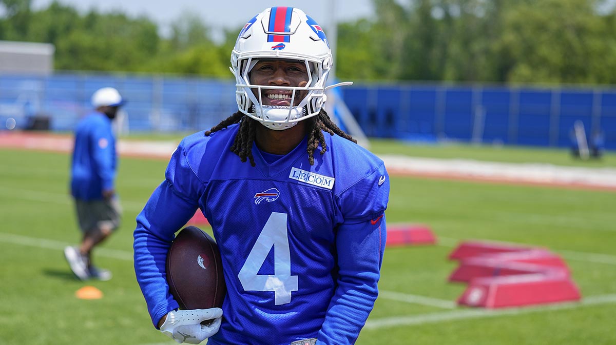 Buffalo Bills running back James Cook (4) during Minicamp at Highmark Stadium.