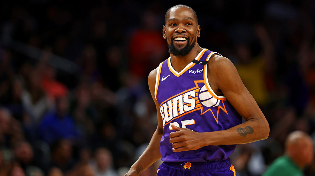 Phoenix Suns forward Kevin Durant (35) celebrates after a play during the fourth quarter against the Milwaukee Bucks at Footprint Center.