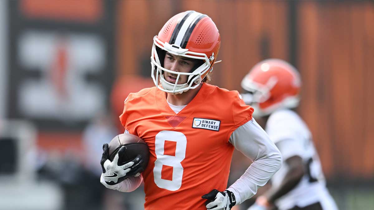 Cleveland Browns quarterback Kenny Pickett (8) during mini camp at CrossCountry Mortgage Campus.