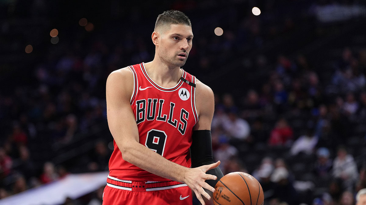 Chicago Bulls center Nikola Vucevic (9) receives a pass against the Philadelphia 76ers in the first quarter at Wells Fargo Center.