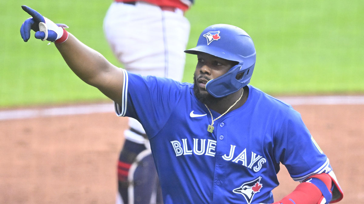 Toronto Blue Jays first baseman Vladimir Guerrero Jr. (27) celebrates his solo home run in the fourth inning against the Cleveland Guardians at Progressive Field.