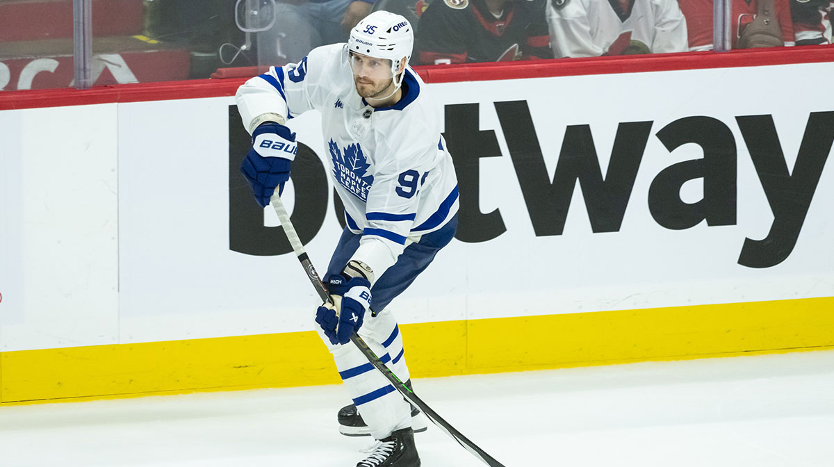 Toronto Maple Leafs defenseman Oliver Ekman-Larsson (95) shoots the puck in game four of the first round of the 2025 Stanley Cup Playoffs against the Ottawa Senators at the Canadian Tire Centre.