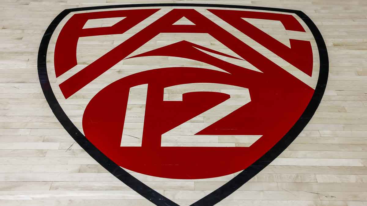 A general view of the Pac-12 logo at the Jon M. Huntsman Center before the game between the Utah Utes and the Arizona State Sun Devils.