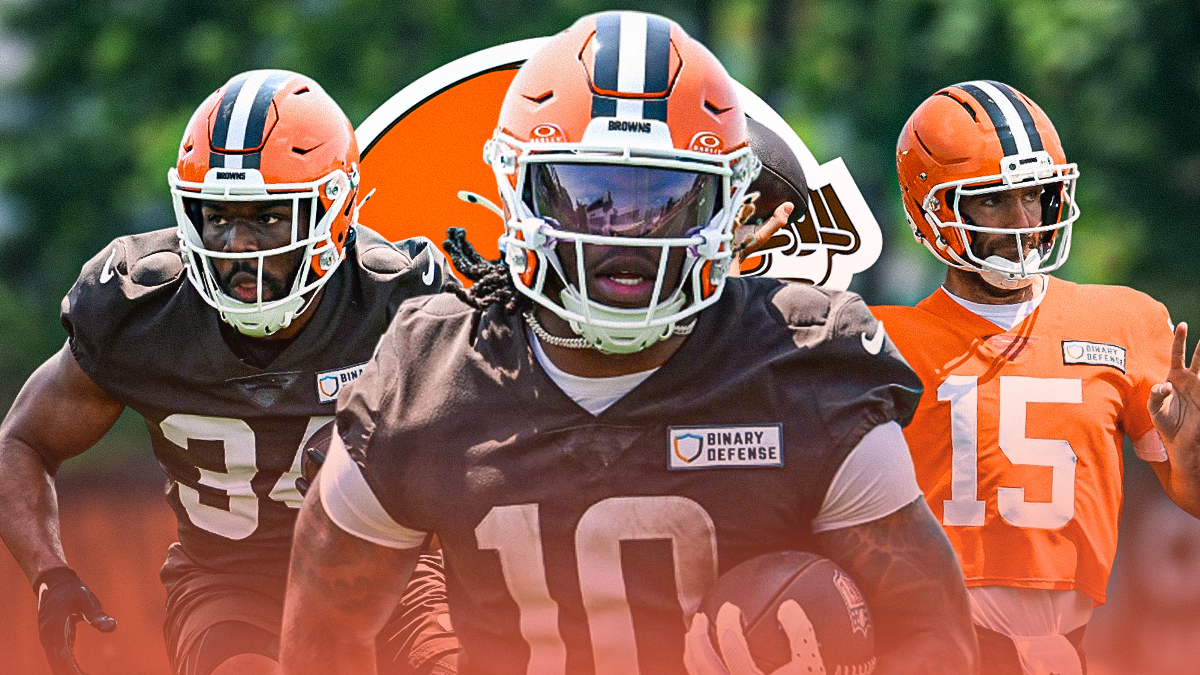 Quinshon Judkins in the middle, Joe Flacco and Jerome Ford around him, Cleveland Browns logo in the background