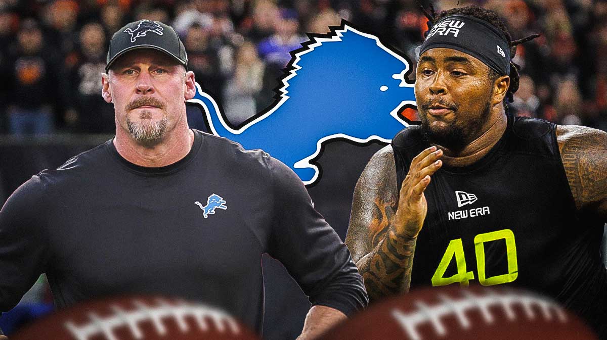 Detroit Lions head coach Dan Campbell next to DT Tyleik Williams. There is also a logo for the Detroit Lions.