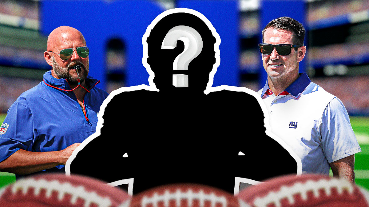 New York Giants head coach Brian Daboll with GM Joe Schoen a silhouette of an American football player with a big question mark emoji inside. There is also a logo for the New York Giants.