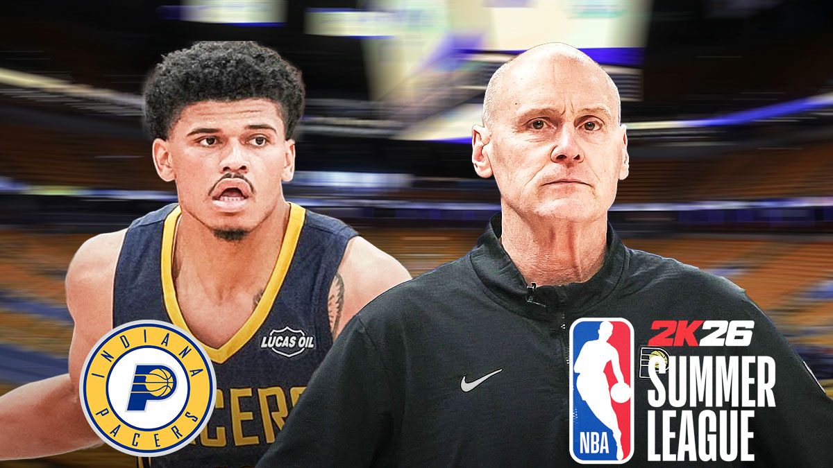 Pacers coach Rick Carlisle and Pacers guard RayJ Dennis. Indiana Pacers and 2k26 NBA Summer League logo in background