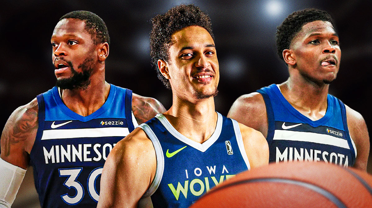 Jesse Edwards wearing a Minnesota Timberwolves jersey in the middle, Anthony Edwards and Julius Randle around him