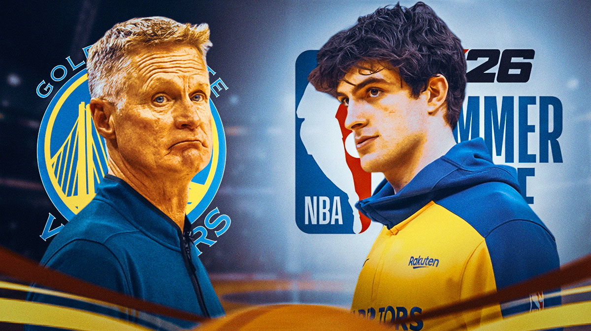 Warriors coach Steve Kerr and Warriors guard Taran Armstrong. Golden State Warriors logo and NBA 2k26 Summer League logo in background