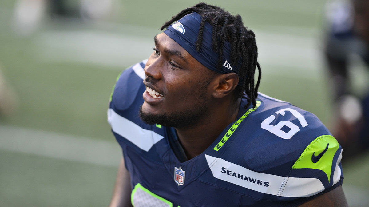 Seattle Seahawks offensive tackle Charles Cross (67) during warmups prior to the game at Lumen Field.