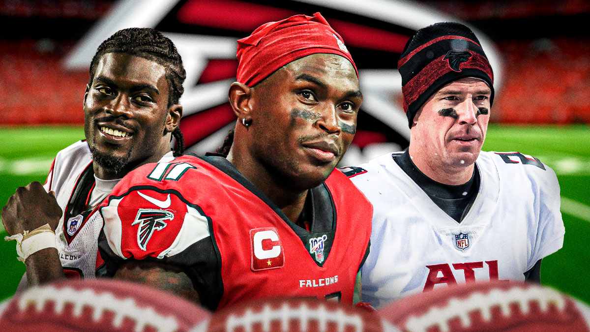 Atlanta Falcons WR Julio Jones with QB Michael Vick and QB Matt Ryan. There is also a logo for the Atlanta Falcons.