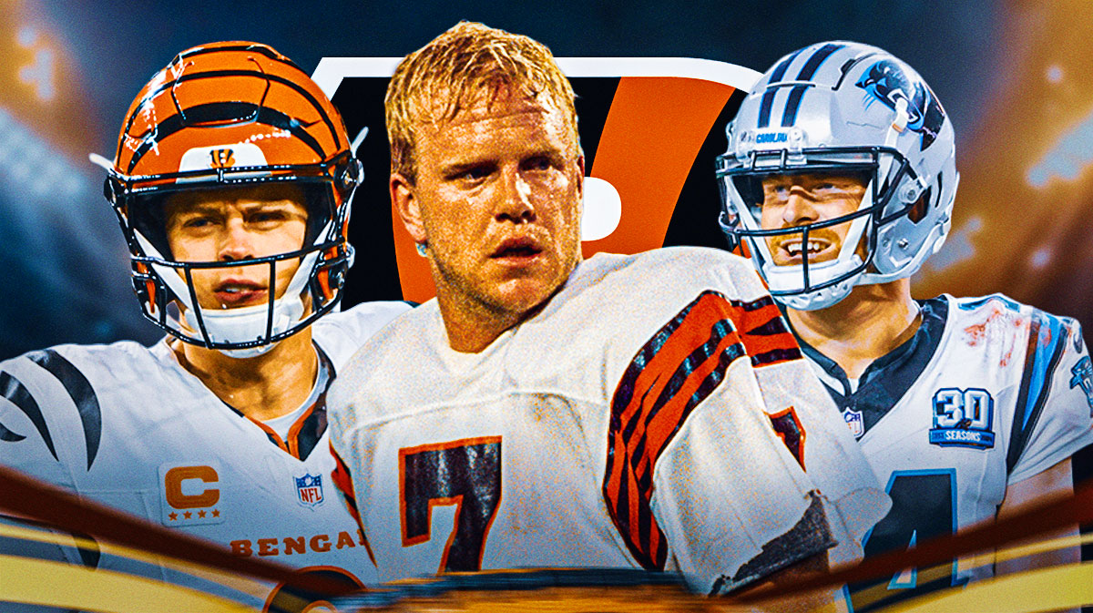 Former Cincinnati Bengals QB Boomer Esiason with QB Joe Burrow and QB Andy Dalton. There is also a logo for the Cincinnati Bengals.