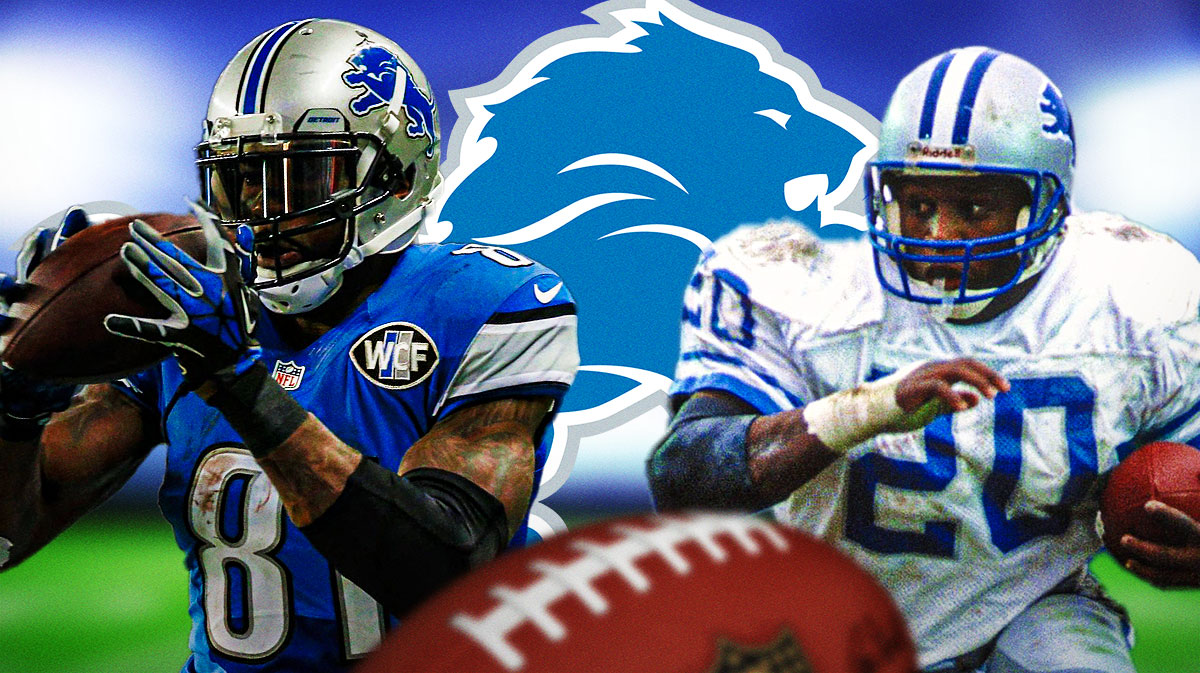 Former Detroit Lions QB Bobby Layne next to RB Barry Sanders and WR Calvin Johnson. There is also a logo for the Detroit Lions.