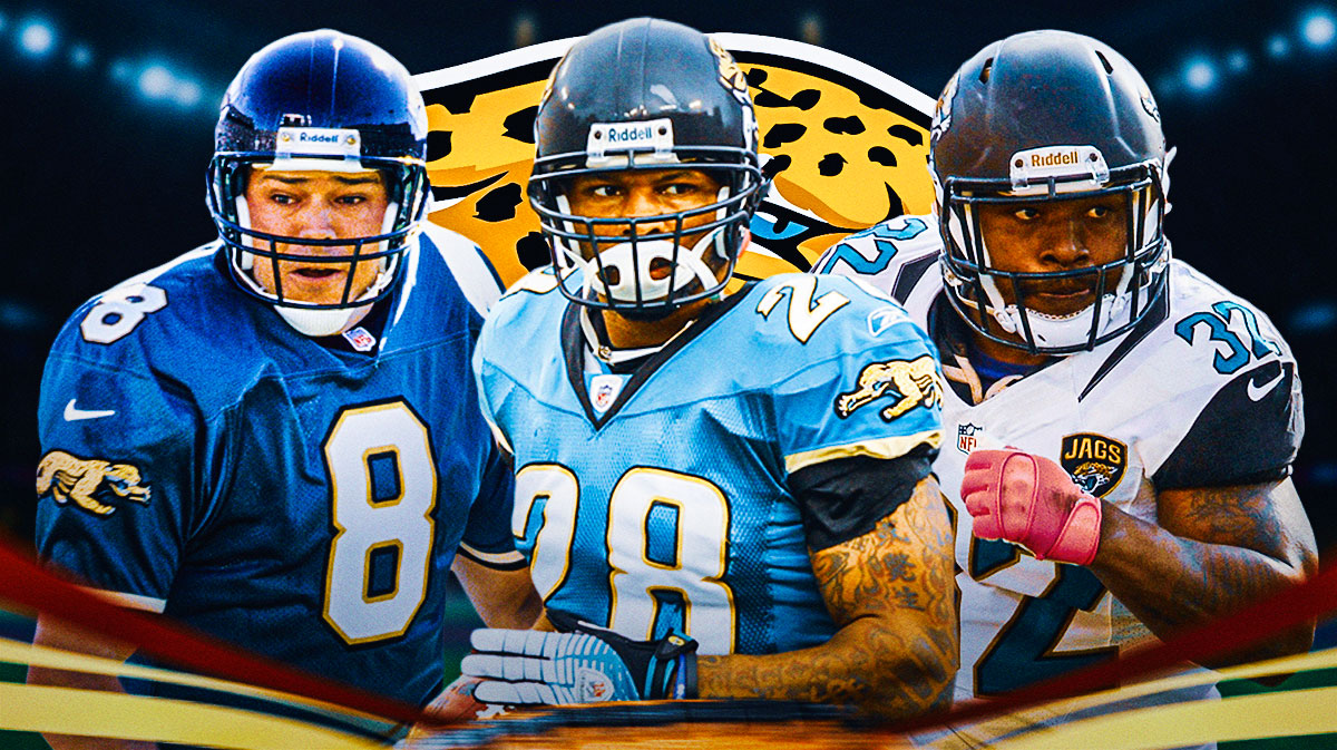 Jacksonville Jaguars QB Mark Brunell with RB Fred Taylor and RB Maurice Jones-Drew. There is also a logo for the Jacksonville Jaguars.