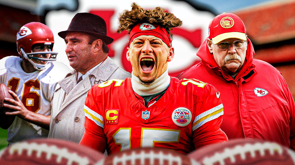 Chiefs QB Patrick Mahomes (center) with Chiefs coach Hank Stram, Chiefs coach Andy Reid and Chiefs QB Len Dawson with Kansas City Chiefs logo in background