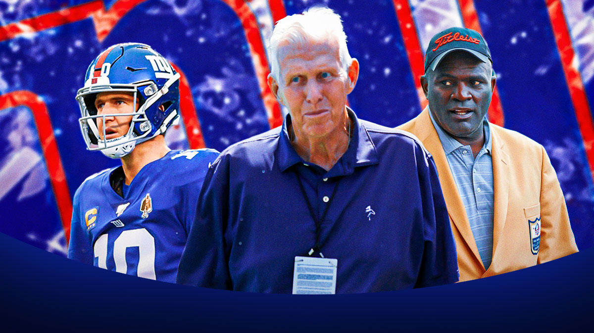 Giants HC Bill Parcells (center), Giants QB Eli Manning and Giants DT Lawrence Taylor with New York Giants football logo in background
