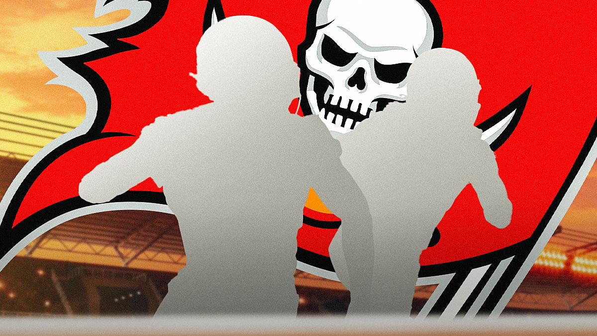 Two mystery players in the middle, Tampa Bay Buccaneers logo in the background