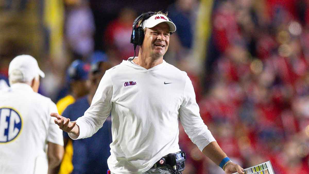 Mississippi Rebels head coach Lane Kiffin reacts after a play against the LSU Tigers during the second half at Tiger Stadium.