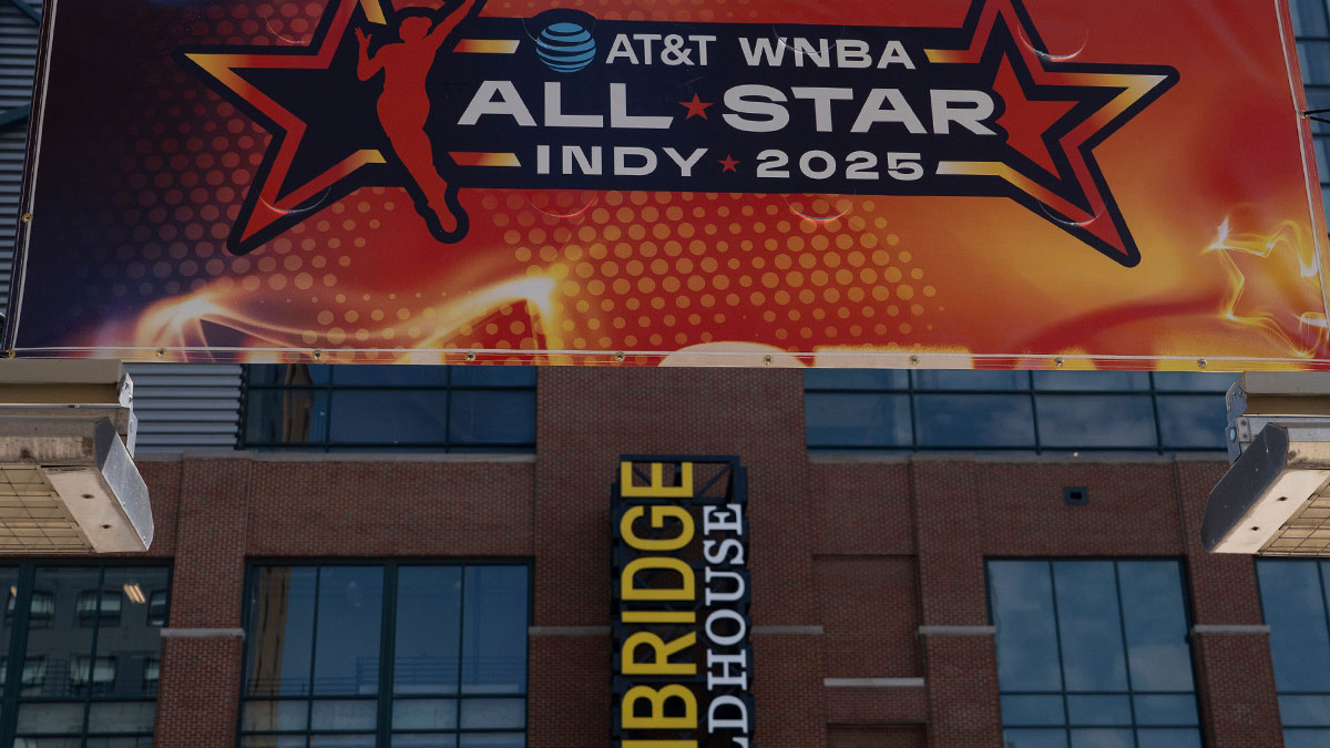 Signs advertising the WNBA All-Star games go up around Gainbridge Fieldhouse.