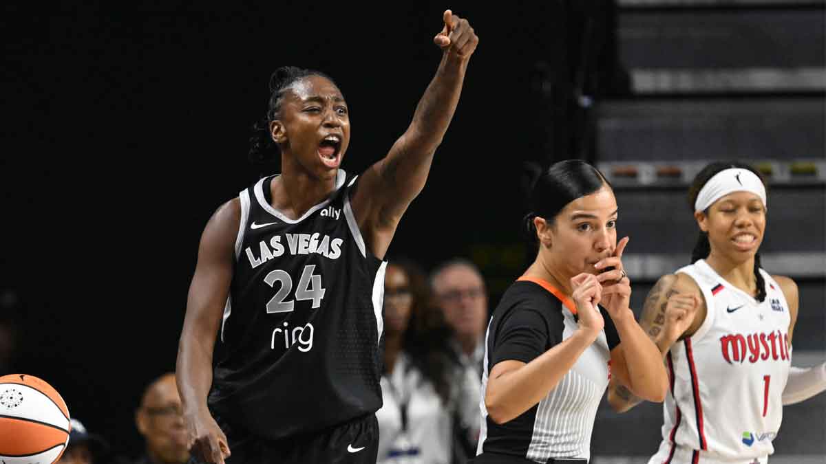 Las Vegas Aces guard Jewell Loyd (24) reacts after a call against the Washington Mystics during the fourth quarter at EagleBank Arena.