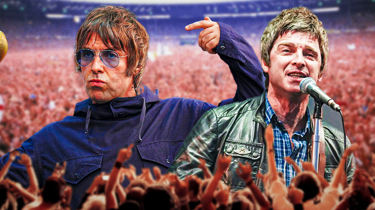 Oasis members Liam and Noel Gallagher, who are getting ready for their 2025 reunion tour to start as fans speculate over the setlist, with Wembley Stadium background.