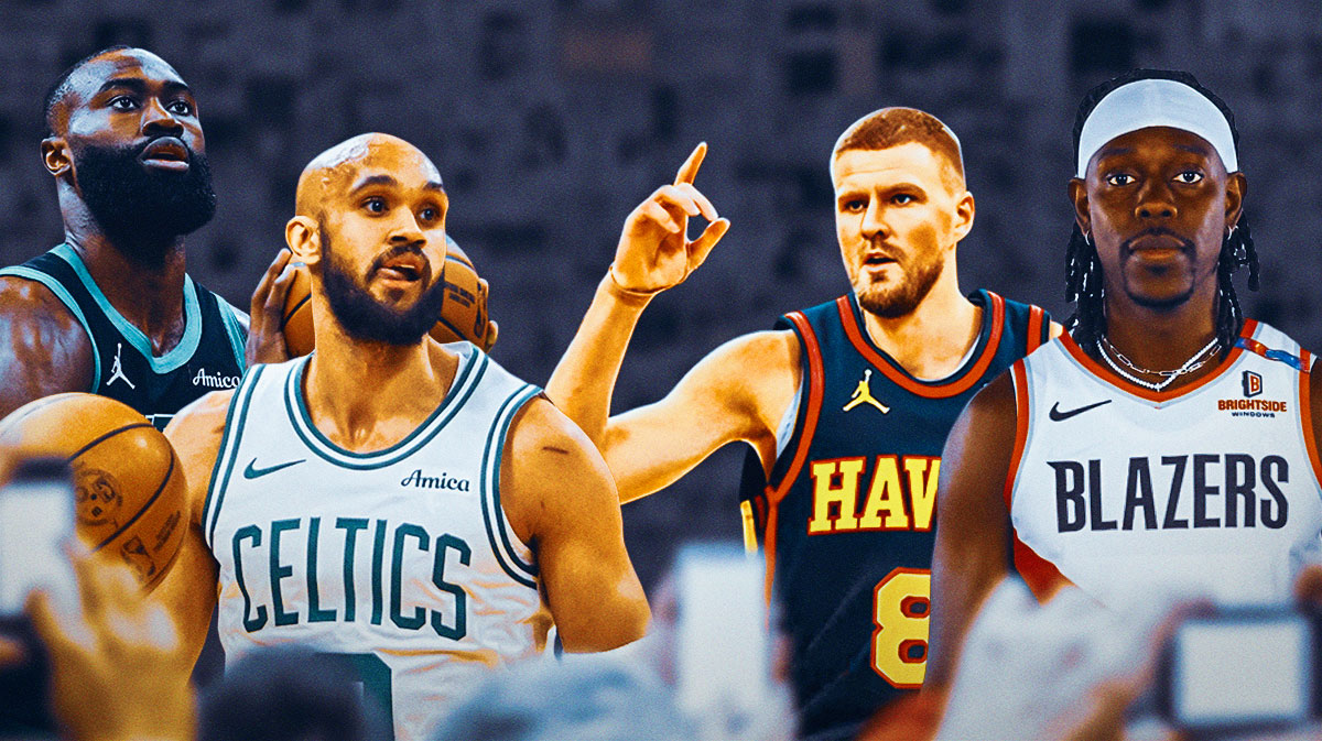 A newspaper as the background, Jaylen Brown and Derrick White on one side, Jrue Holiday in a Portland Trail Blazers jersey and Kristaps Porzingis in an Atlanta Hawks jersey on the other side