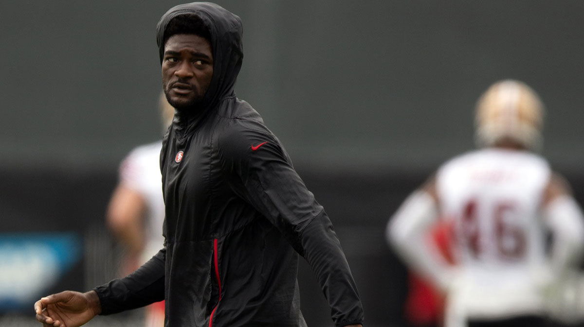San Francisco 49ers wide receiver Brandon Aiyuk works out with his teammates during the second day of training camp.
