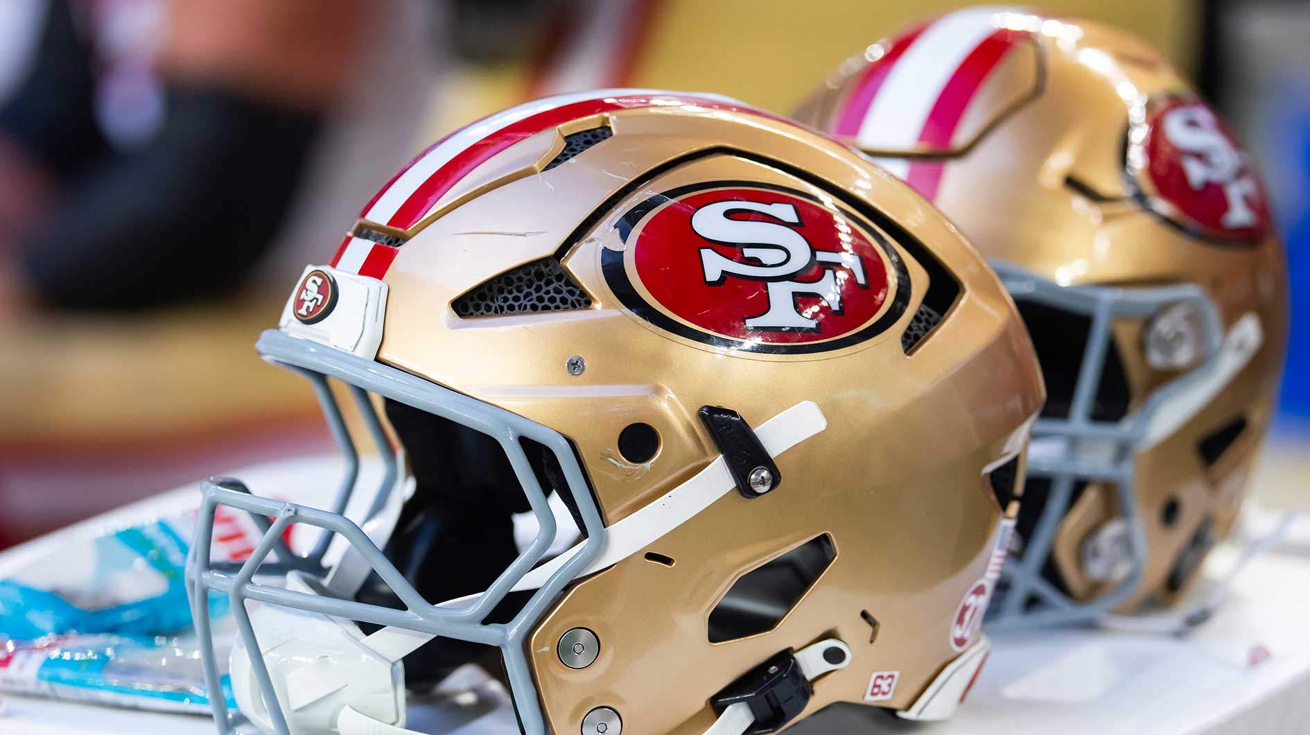 Detailed view of a San Francisco 49ers NFL helmet at State Farm Stadium.