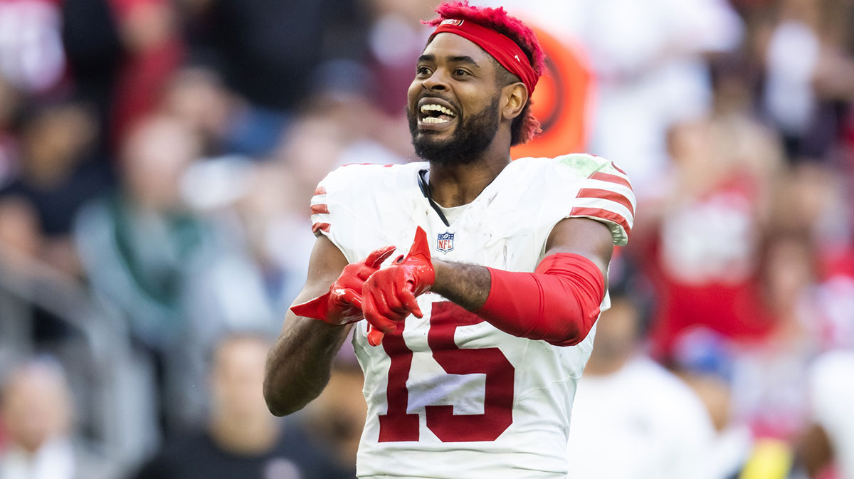 San Francisco 49ers wide receiver Jauan Jennings (15) reacts after a fight against the Arizona Cardinals in the first half at State Farm Stadium.