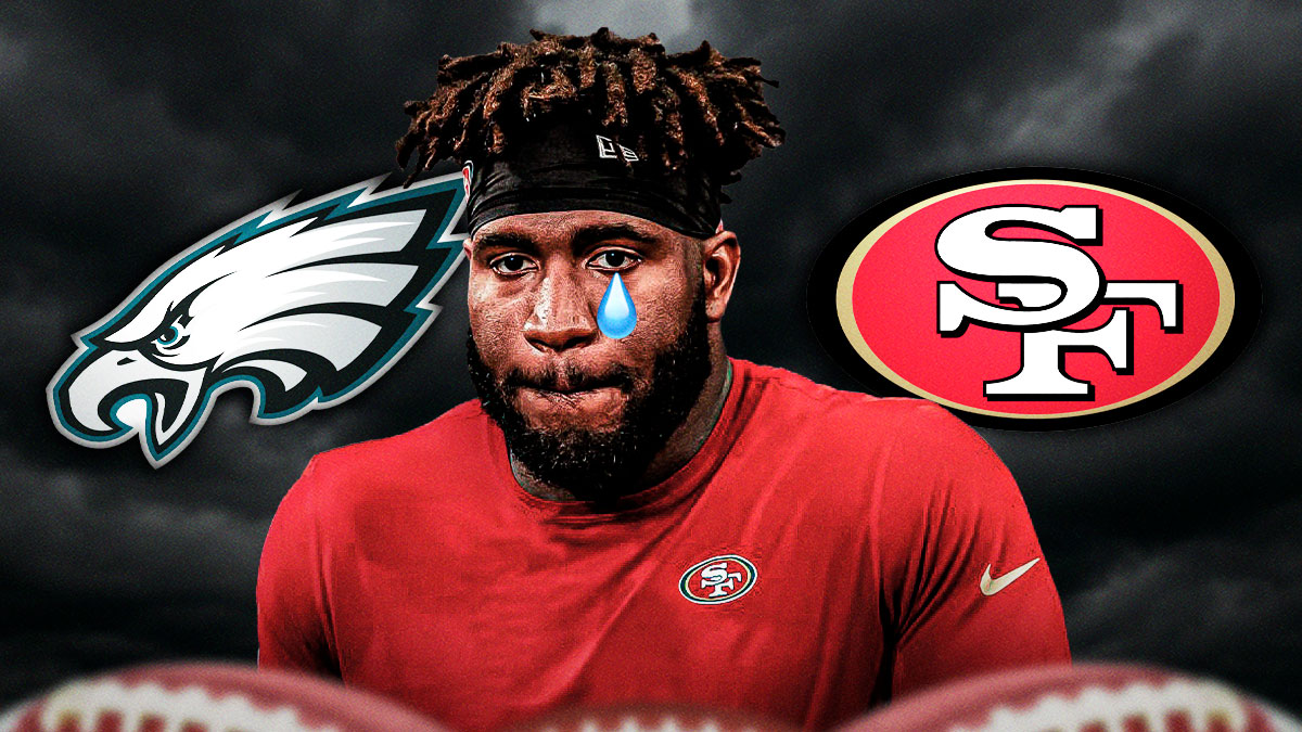 Bryce Huff in the middle with a tear 💧, Dark clouds in the background, Philadelphia Eagles logo on one side and San Francisco 49ers logo on the other side