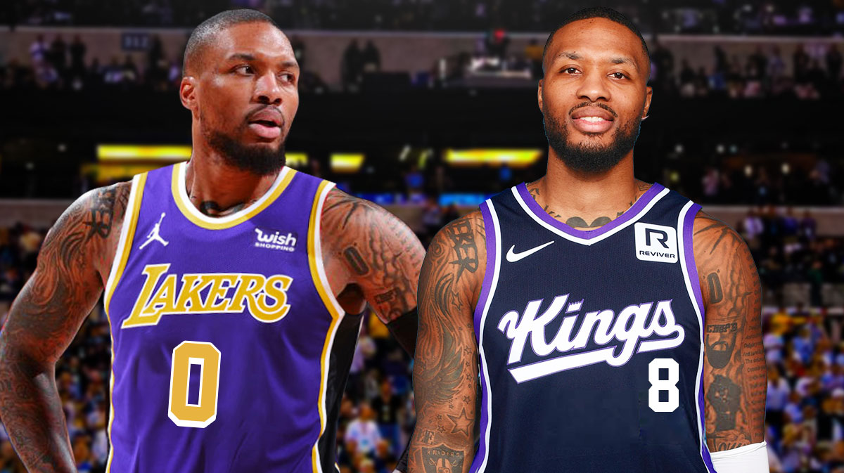 Damian Lillard photoshopped in Lakers jersey and Damian Lillard again photoshopped in Kings jersey
