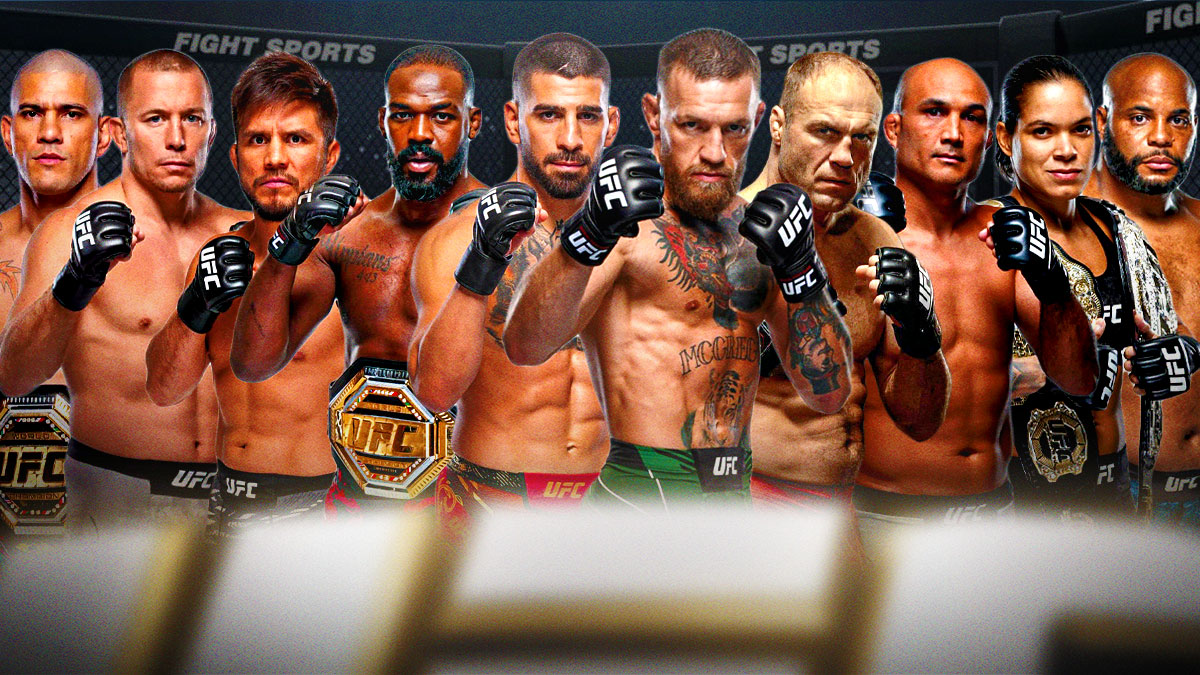 Every two division UFC champion ever together, ideally with two UFC titles. (Ilia Topuria, Jon Jones, Henry Cejudo, Randy Couture, B.J. Penn, Amanda Nunes, Daniel Cormier, Georges St-Pierre, Alex Pereira, Conor McGregor)