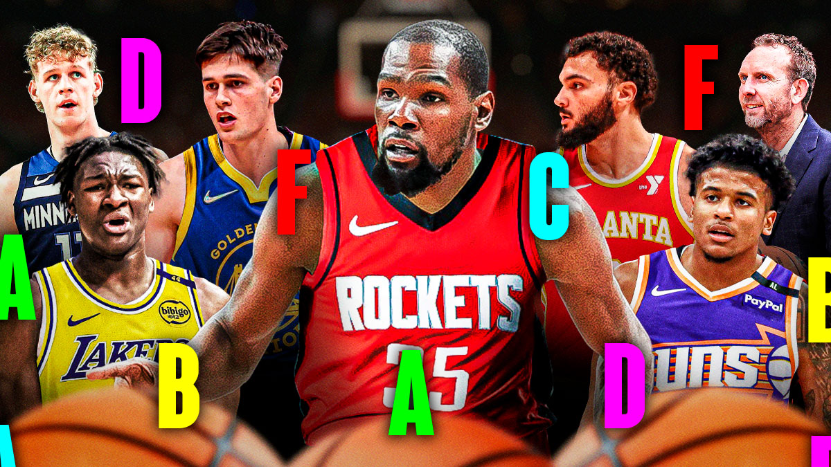 Kevin Durant photoshopped in Rockets jersey, Jalen Green photoshopped in Suns jersey, Adou Thiero photoshopped in Lakers jersey, Alex Toohey photoshopped in Warriors jersey, Rocco Zikarsky photoshopped in Timberwolves jersey, David Roddy in Hawks jersey, Sean Marks (Nets GM) all together. With letter grades of A, B, C, D, F all around the graphic.