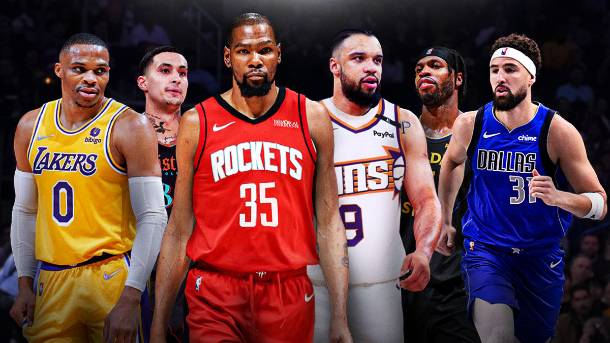 Left side of graphic is Russell Westbrook (Lakers) and Kyle Kuzma (Wizards). Right side of graphic is Klay Thompson (Mavericks) and Buddy Field (Warriors). Middle part of graphic is Kevin Durant (photoshopped in Rockets jersey) and Dillon Brooks (photoshopped in Suns jersey)