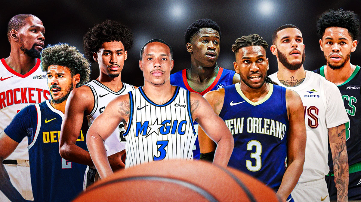 Kevin Durant photoshopped in Rockets, Cam Johnson photoshopped in Nuggets, Dylan Harper in Spurs gear, Desmond Bane photoshopped in Magic, V.J. Edgecombe in 76ers gear, Kevon Looney photoshopped in Pelicans, Lonzo Ball photoshopped in Cavaliers, Anfernee Simons photoshopped in Celtics.