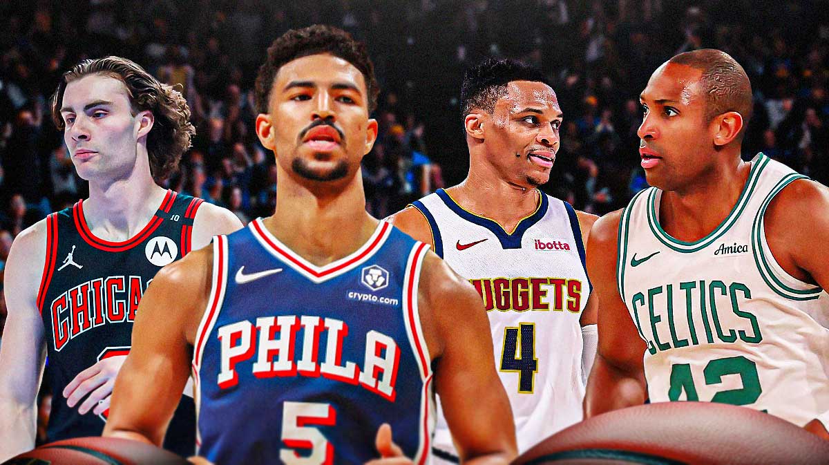 Josh Giddey, Quentin Grimes, Russell Westbrook, and Al Horford together.
