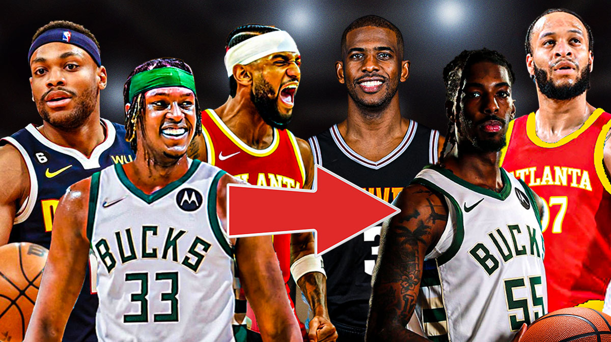 In the background is Bruce Brown (Nuggets gear), Myles Turner (photoshopped in Bucks jersey), and Nickeil Alexander-Walker (photoshopped in Hawks jersey). In front of them is each of their respective teams logos (Nuggets, Bucks, Hawks) and an arrow pointing from the logo to the players in the front row, which are Chris Paul photoshopped in Nuggets jersey, Delon Wright photoshopped in Bucks jersey, and Amir Coffey photoshopped in Hawks jersey. Make sure each of the photoshops has the respective players jersey number.