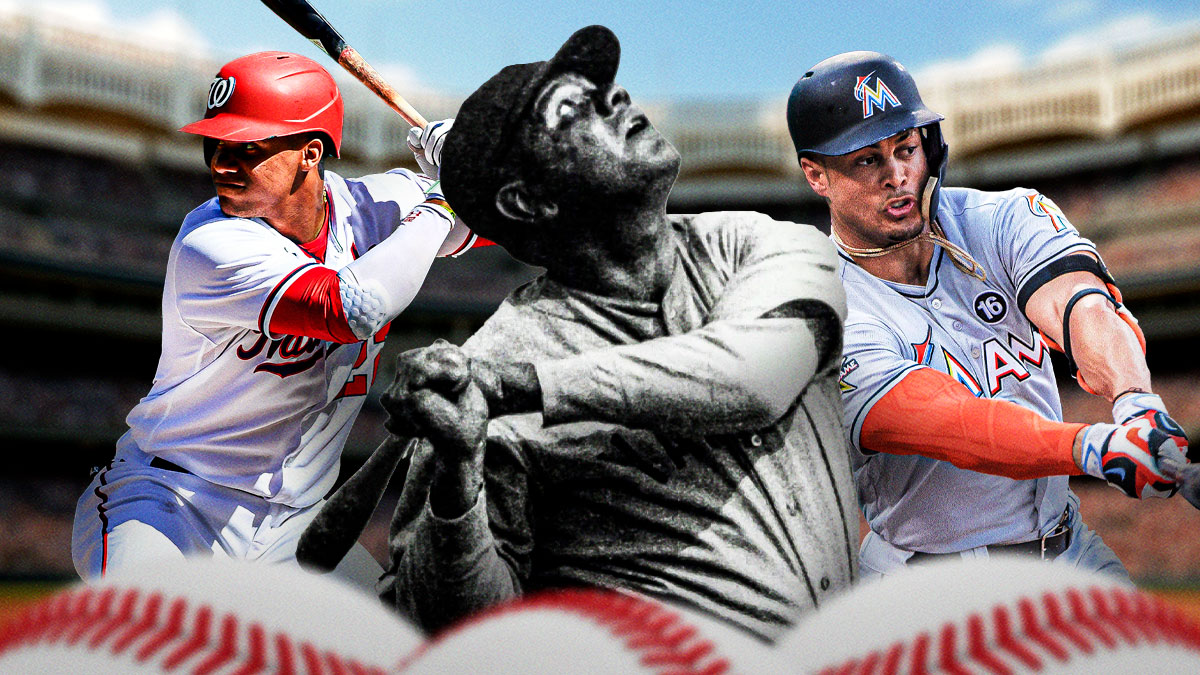 Babe Ruth swinging the bat, Giancarlo Stanton (Marlins) swinging the bat, and Juan Soto (2021 Home Run Derby) swinging the bat.