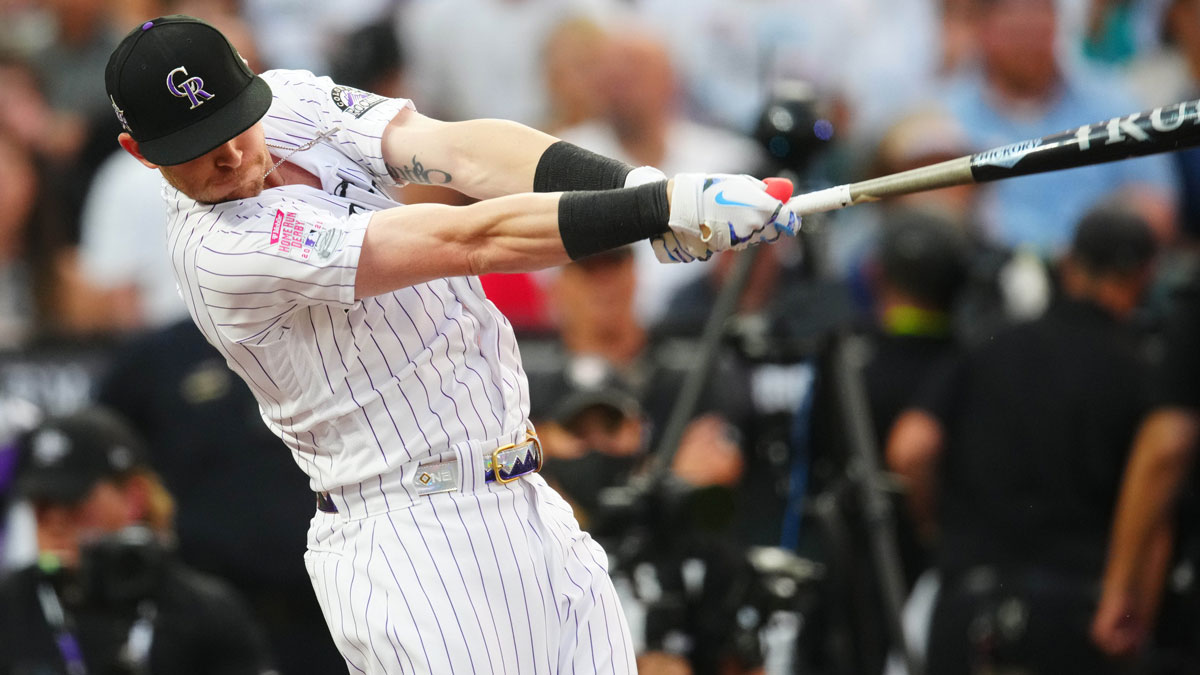 Colorado Rockies shortstop Trevor Story hits during the 2021 MLB Home Run Derby.