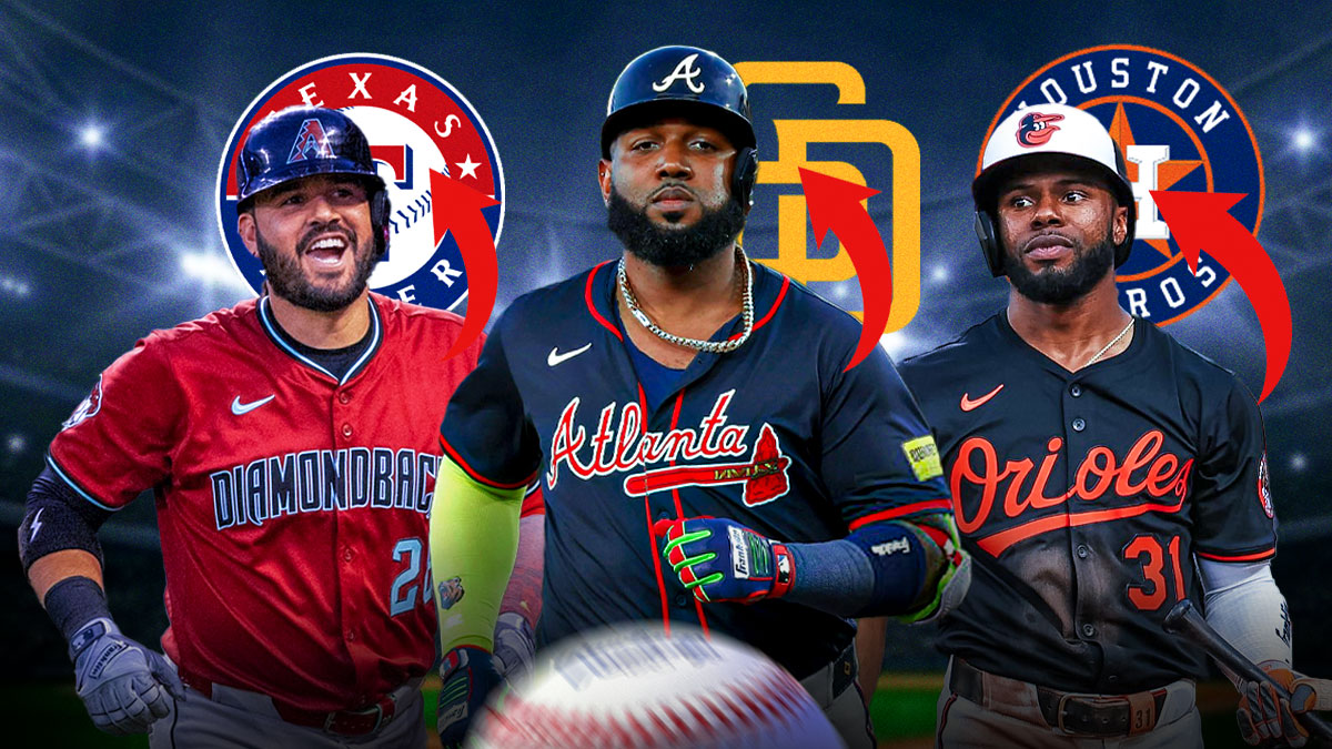 Eugenio Suarez with an arrow pointing to Rangers logo. Marcell Ozuna with arrow pointing to Padres logo. Cedric Mullins with arrow pointing to Astros logo.