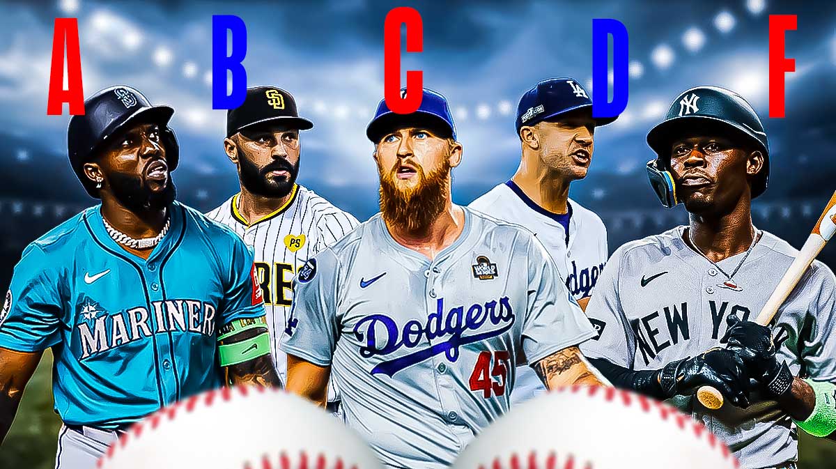 Jazz Chisholm (Yankees), Michael Kopech (Dodgers), Jack Flaherty (Dodgers), Tanner Scott (Padres), Randy Arozarena (Mariners) with letter grades of A, B, C, D, F all around the graphic.
