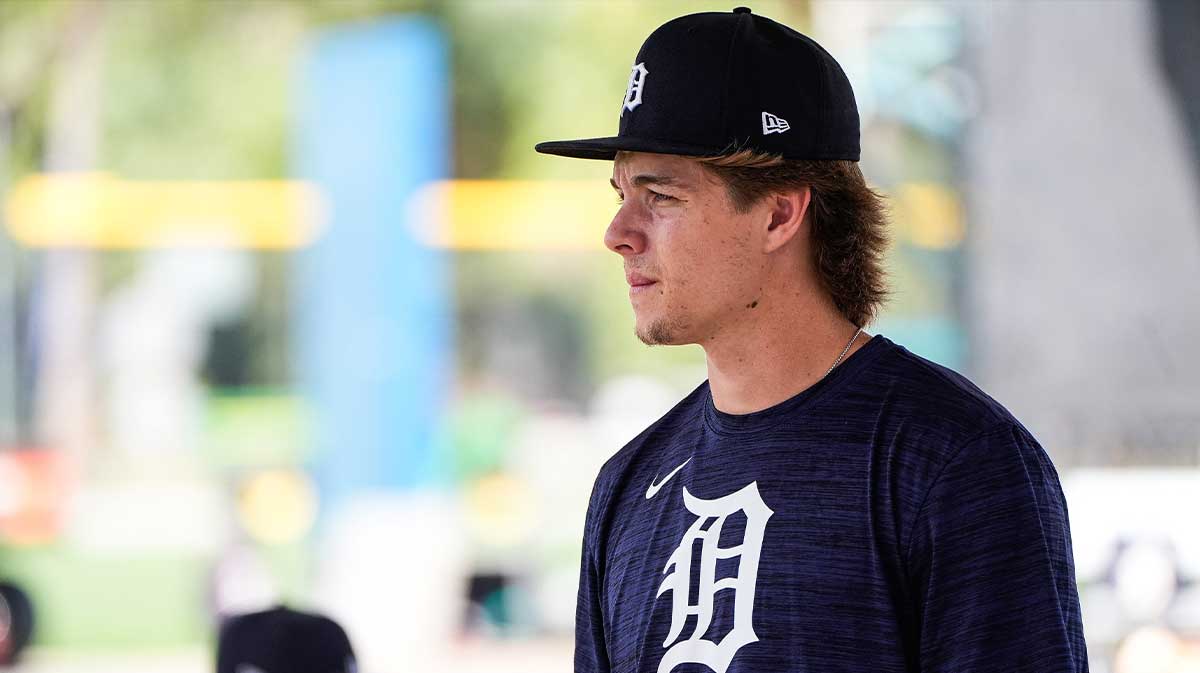 Detroit Tigers prospect Bryce Rainer watches practice during spring training at TigerTown in Lakeland on Friday, Feb. 20, 2025.