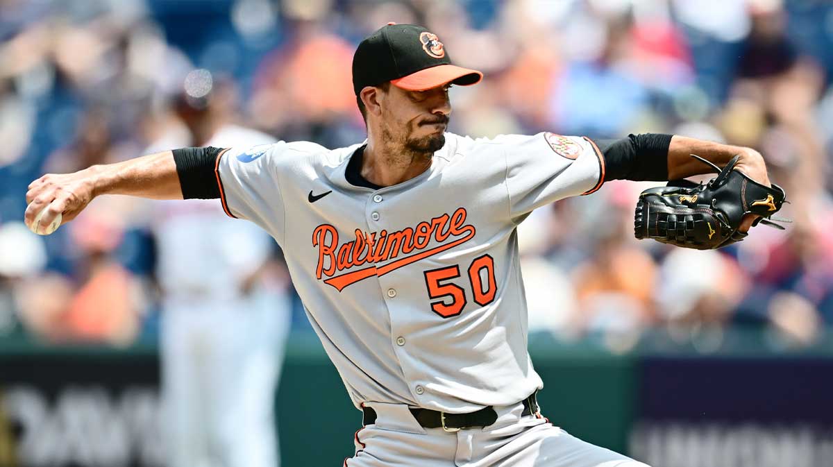 Baltimore Orioles starting pitcher Charlie Morton (50) throws a pitch during the first inning against the Cleveland Guardians at Progressive Field. 