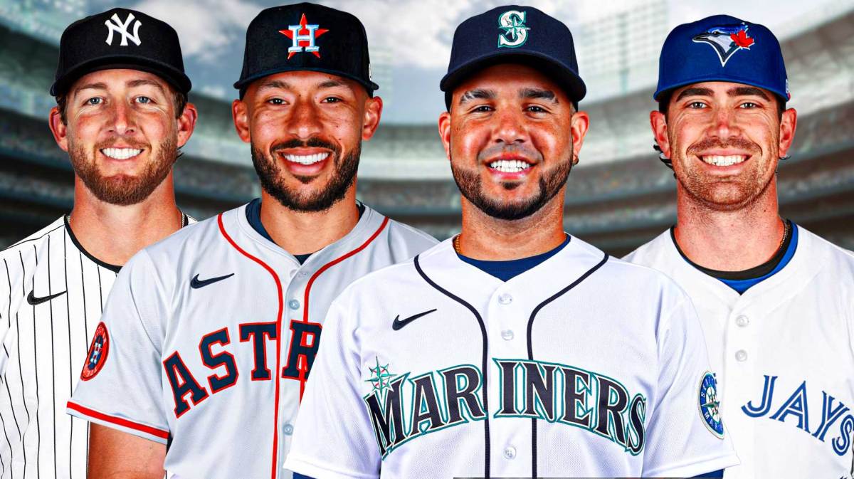 Carlos Correa in Astros jersey, Eugenio Suarez in Mariners jersey, Ryan McMahon in Yankees jersey, Shane Bieber in Blue Jays jersey