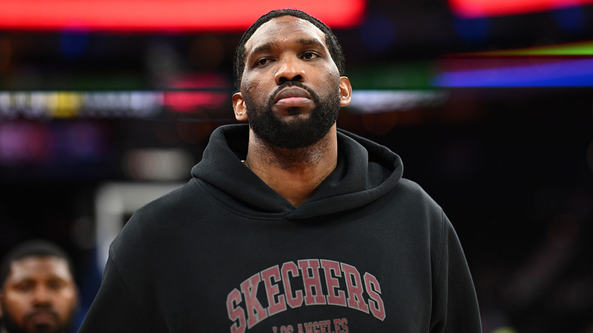 76ers center Joel Embiid looks on after the game against the Milwaukee Bucks at Wells Fargo Center
