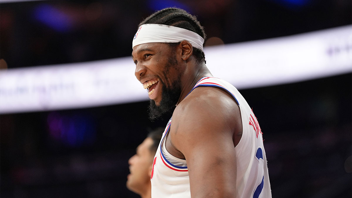 Philadelphia 76ers forward Guerschon Yabusele (28) reacts against the Milwaukee Bucks in the third quarter at Wells Fargo Center.